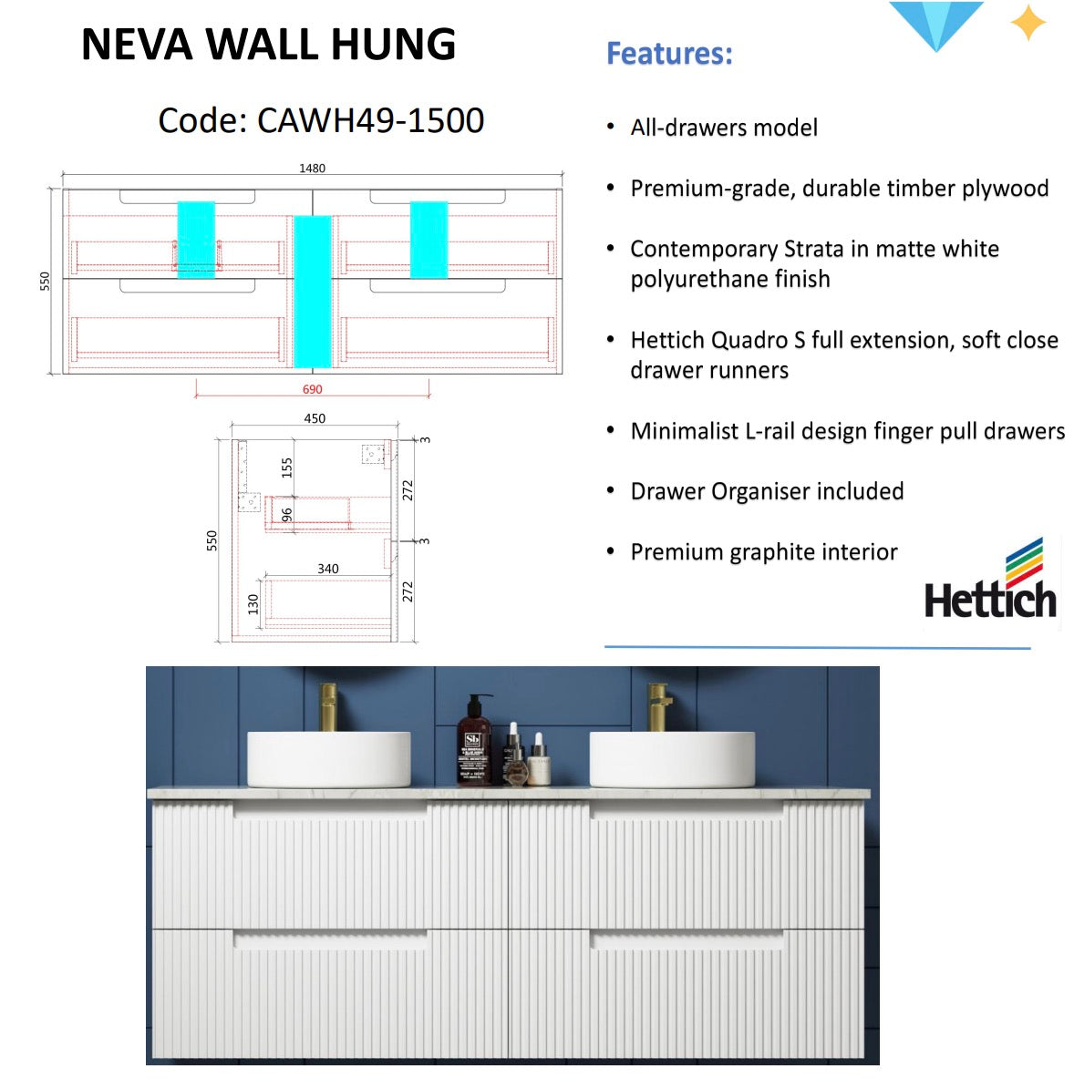 NEVA Wall Hung Vanity Matte White (All Sizes)