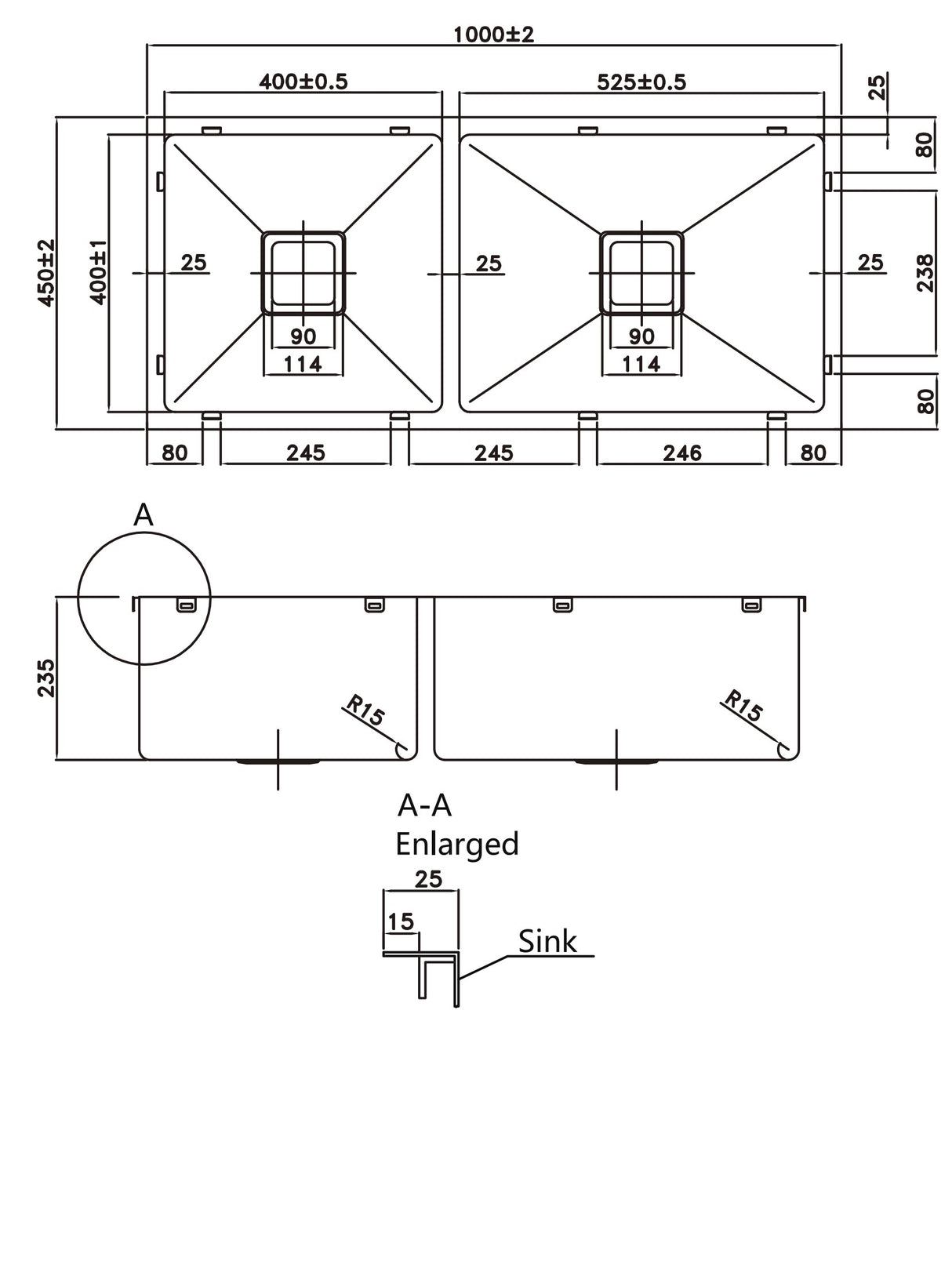 POS Stainless Steel Kitchen Double Sink 1000×450×235mm