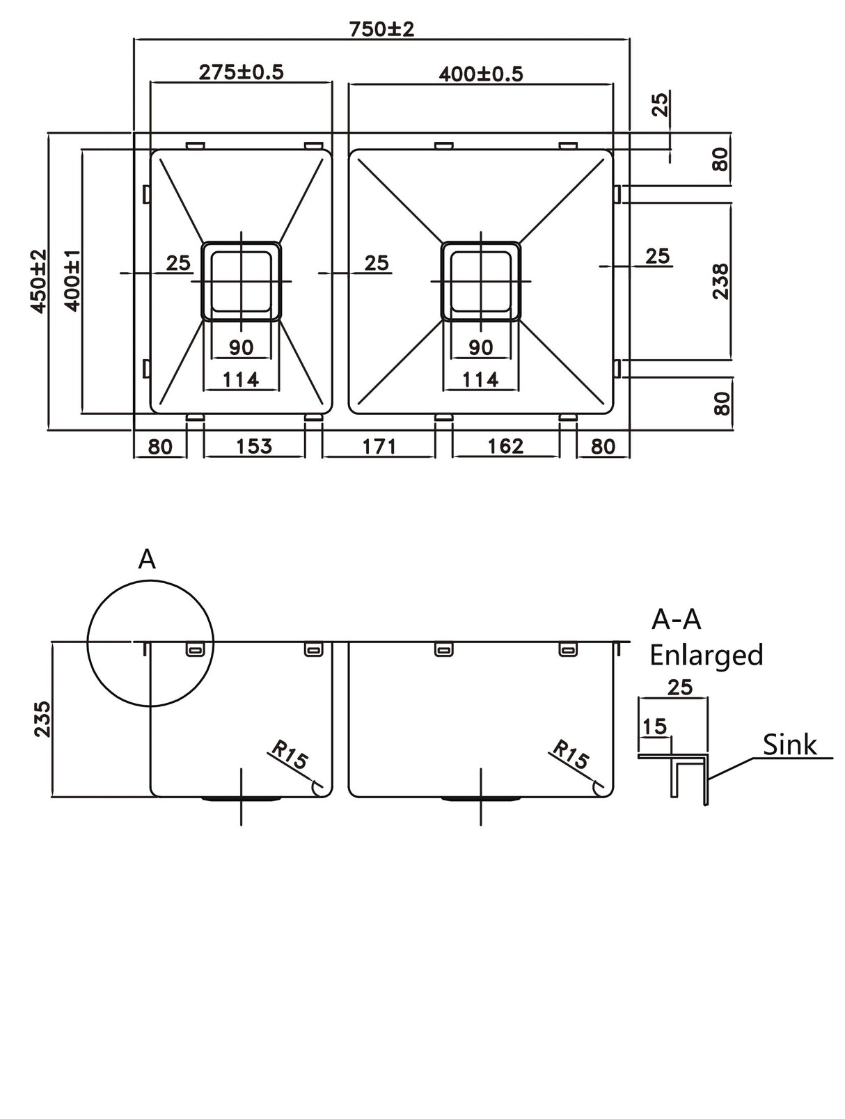 POS Stainless Steel Kitchen Double Sink 750×450×235mm