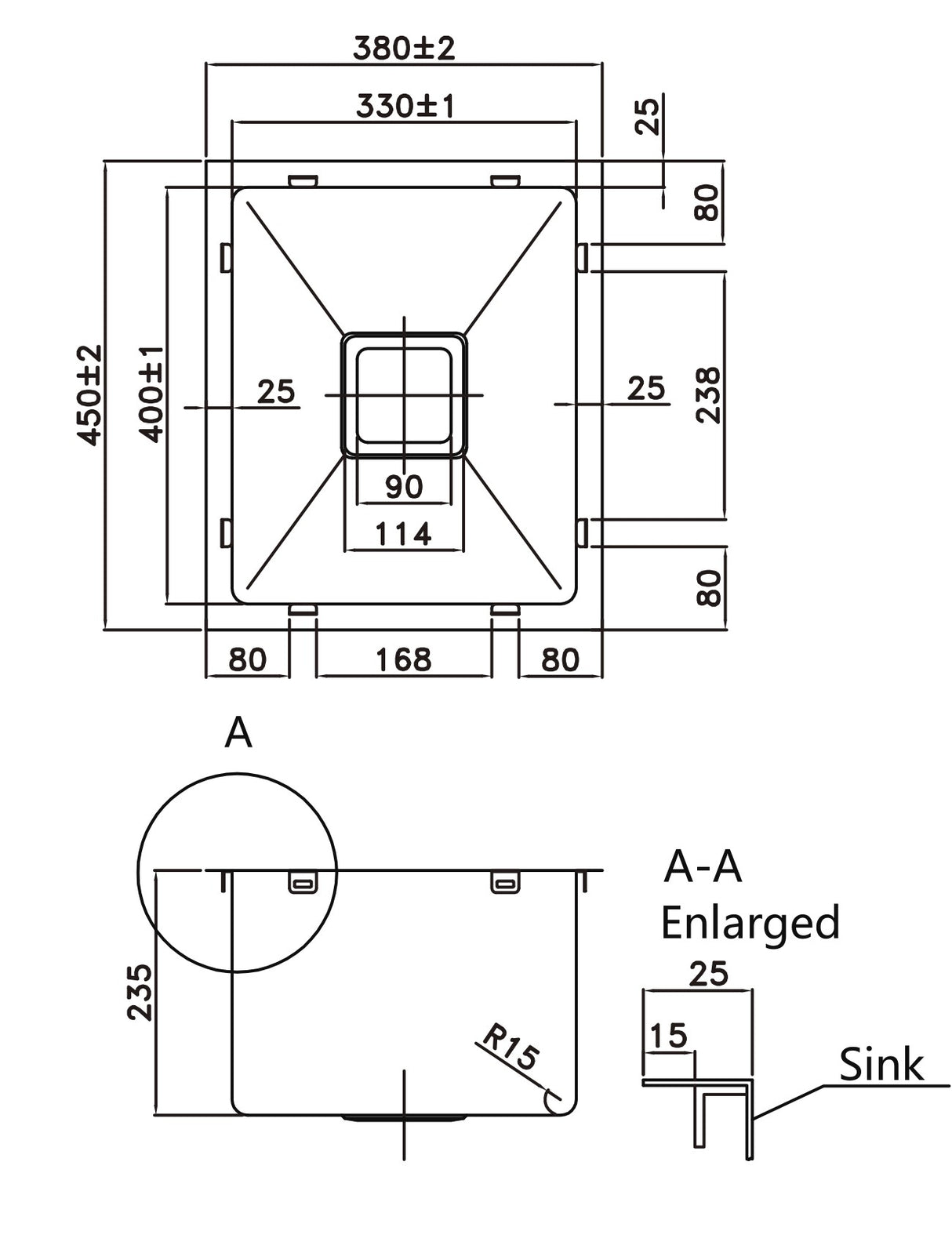 POS Stainless Steel Kitchen Sink 380x450x235mm