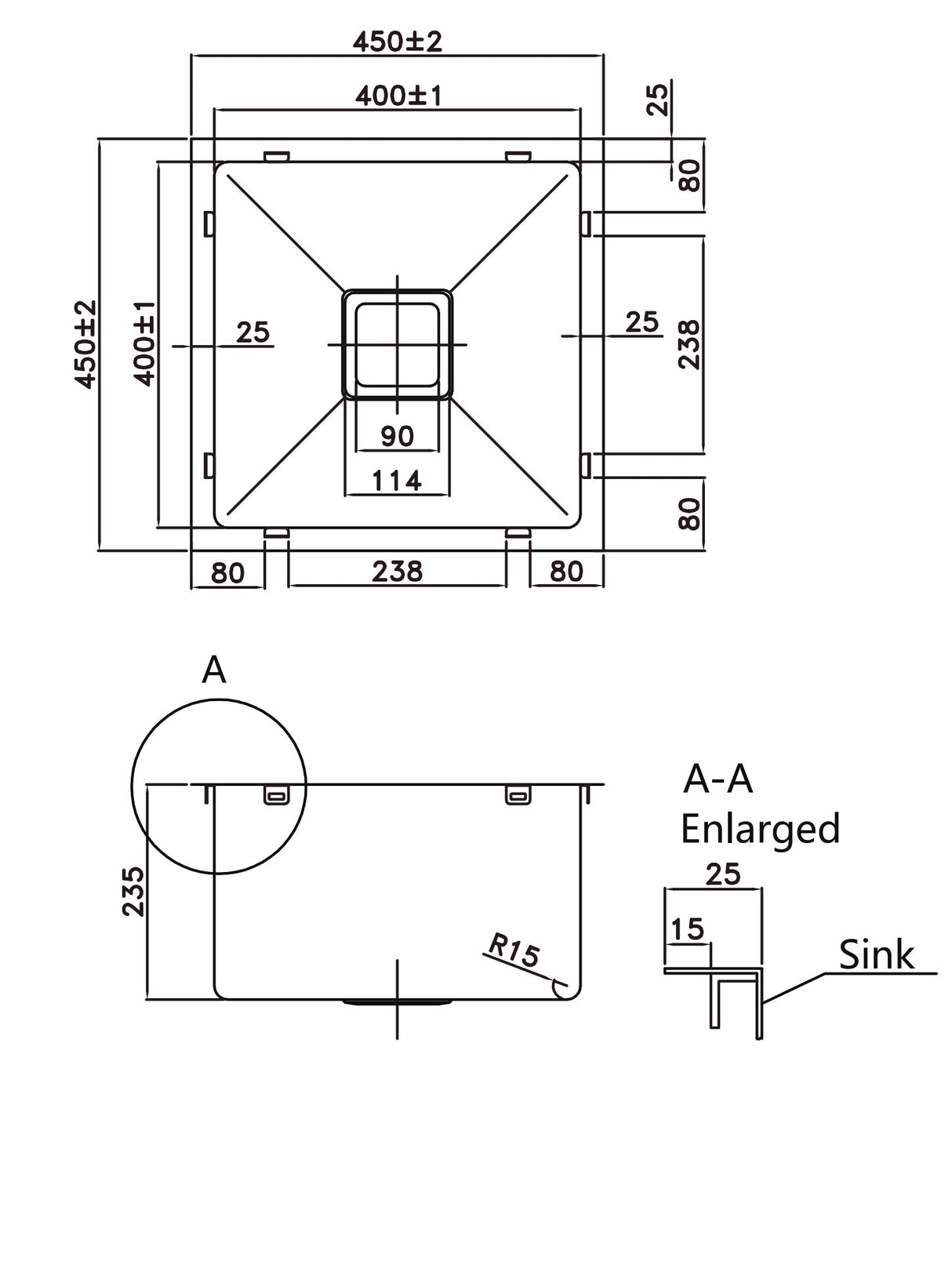 POS Stainless Steel Kitchen Sink 450x450x220mm