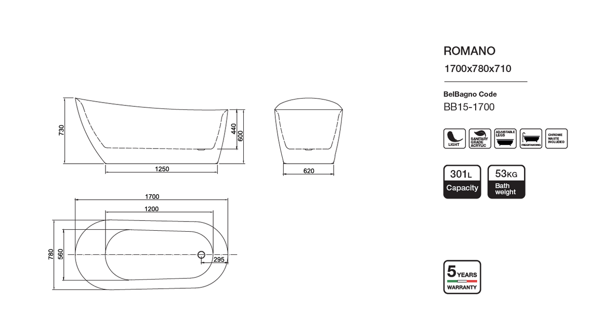 ROMANO Freestanding Bathtub Overflow 1700mm/1500mm