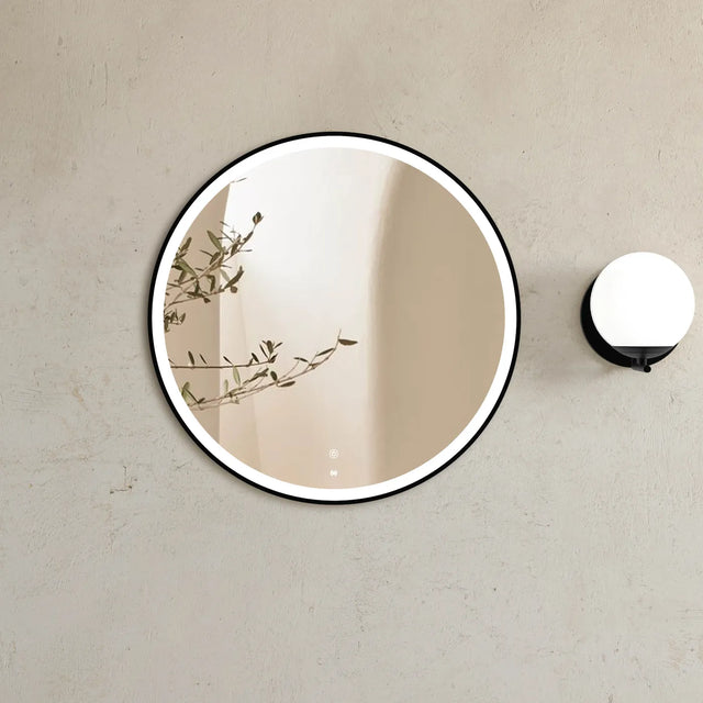 round mirror with black frame and led 