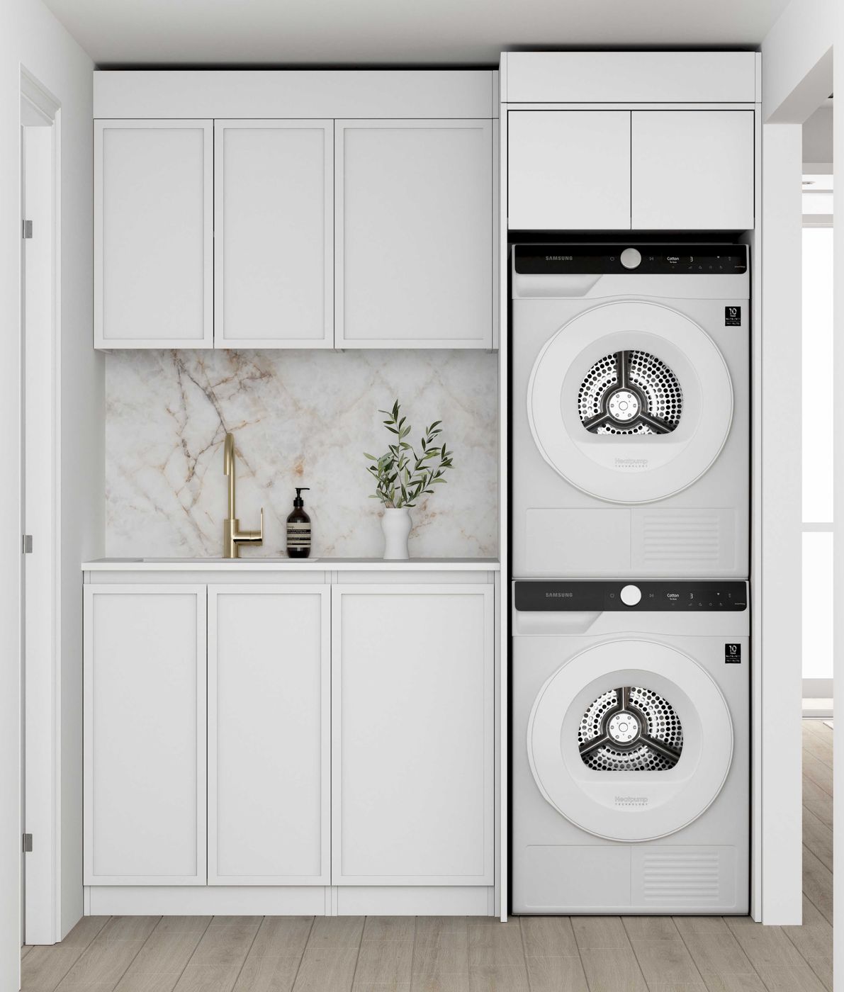 top cabinet and base laundry cabinet in white