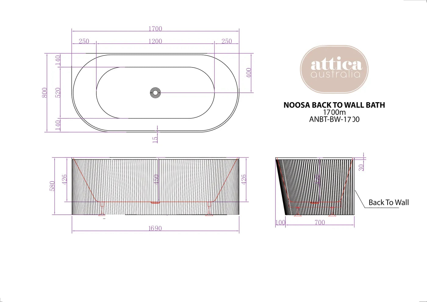 NOOSA Back to Wall MULTIFIT Bath with Overflow (1500mm / 1700mm)