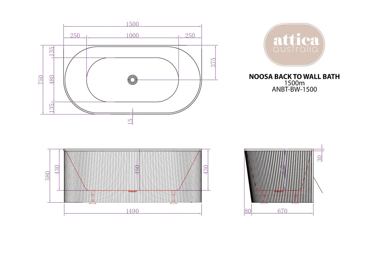 NOOSA Back to Wall MULTIFIT Bath with Overflow (1500mm / 1700mm)