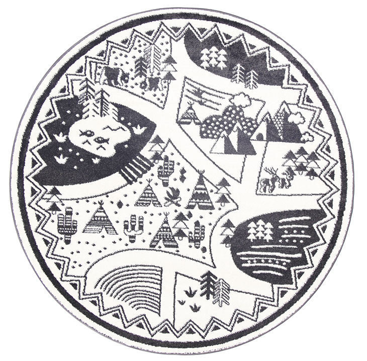 Piccolo Black and White Kids Camping Adventure Kids Rug