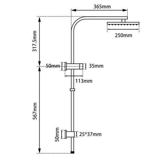 AQU 10" Square Shower Station Top Water Inlet - Black Technical Drawing