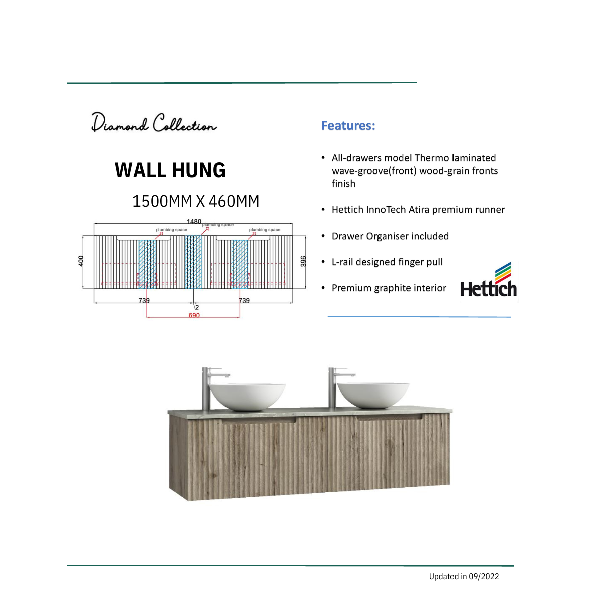 CALDER Wall Hung Vanity Tuscana Oak (All Sizes)