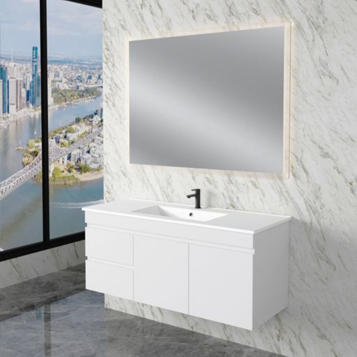 ABS LESS Gloss White Wall Hung Single Bowl Vanity 1200mm