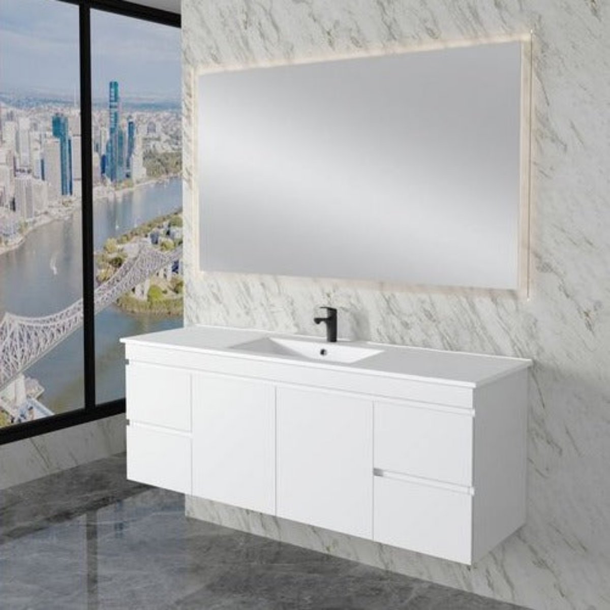 ABS LESS Gloss White Wall Hung Vanity Single Bowl 1500mm