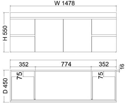 ABS MF Light American Oak Single Bowl Wall Hung Vanity 1500mm-drawing
