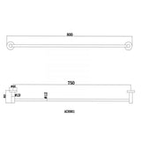 Pentro Single Towel Rail 800mm - Brushed Gold Technical Drawing