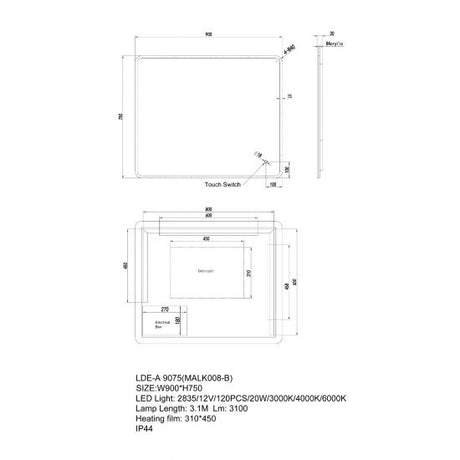 AQUA Curved Rim LED Rectangle Frameless Mirror 900x750mm