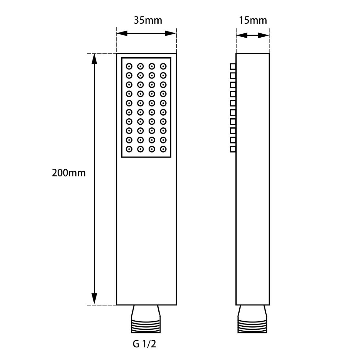 AQU Brass Square Handheld Shower Spray Head - Brushed Gun Metal Technical Drawing