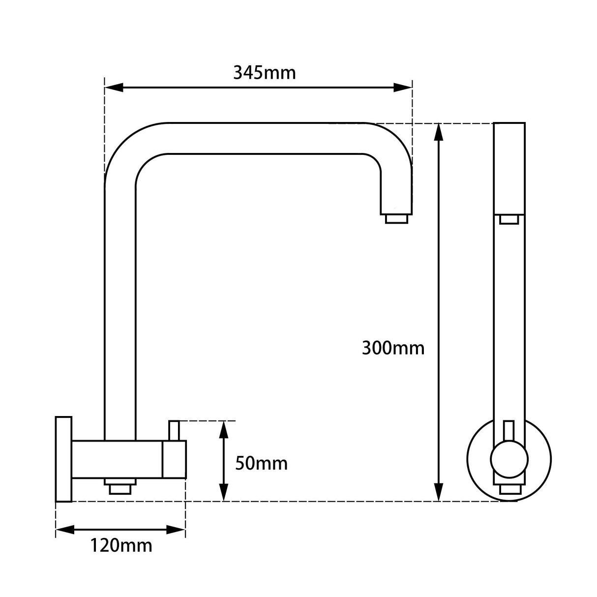 AQU Right Angle Round Top Inlet Shower Rail - Matte Black Technical Drawing