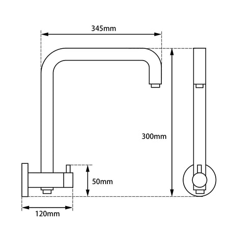 AQU Right Angle Round Top Inlet Shower Rail - Matte Black Technical Drawing