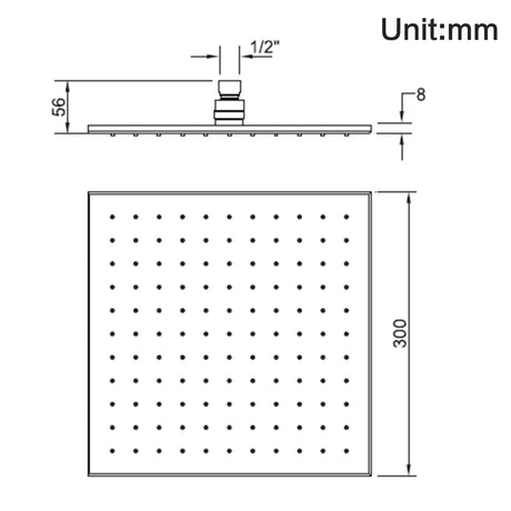 AQU Square Brass Rainfall Shower Head 300mm - Black Technical Drawing