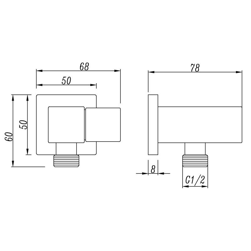 AQU Square Shower Holder Wall Connector Hose Only - Black Technical Drawing