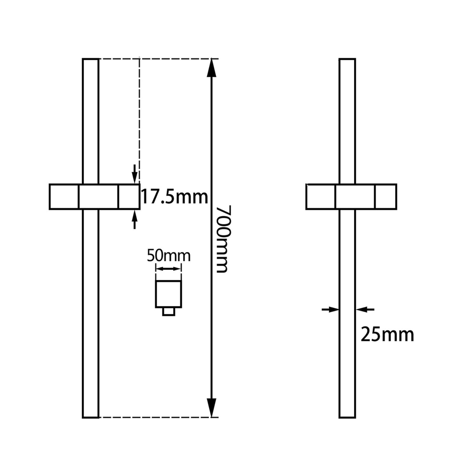 AQU Square Wall Mounted Sliding Rail With Water Hose Wall Connector Only - Black Technical Drawing