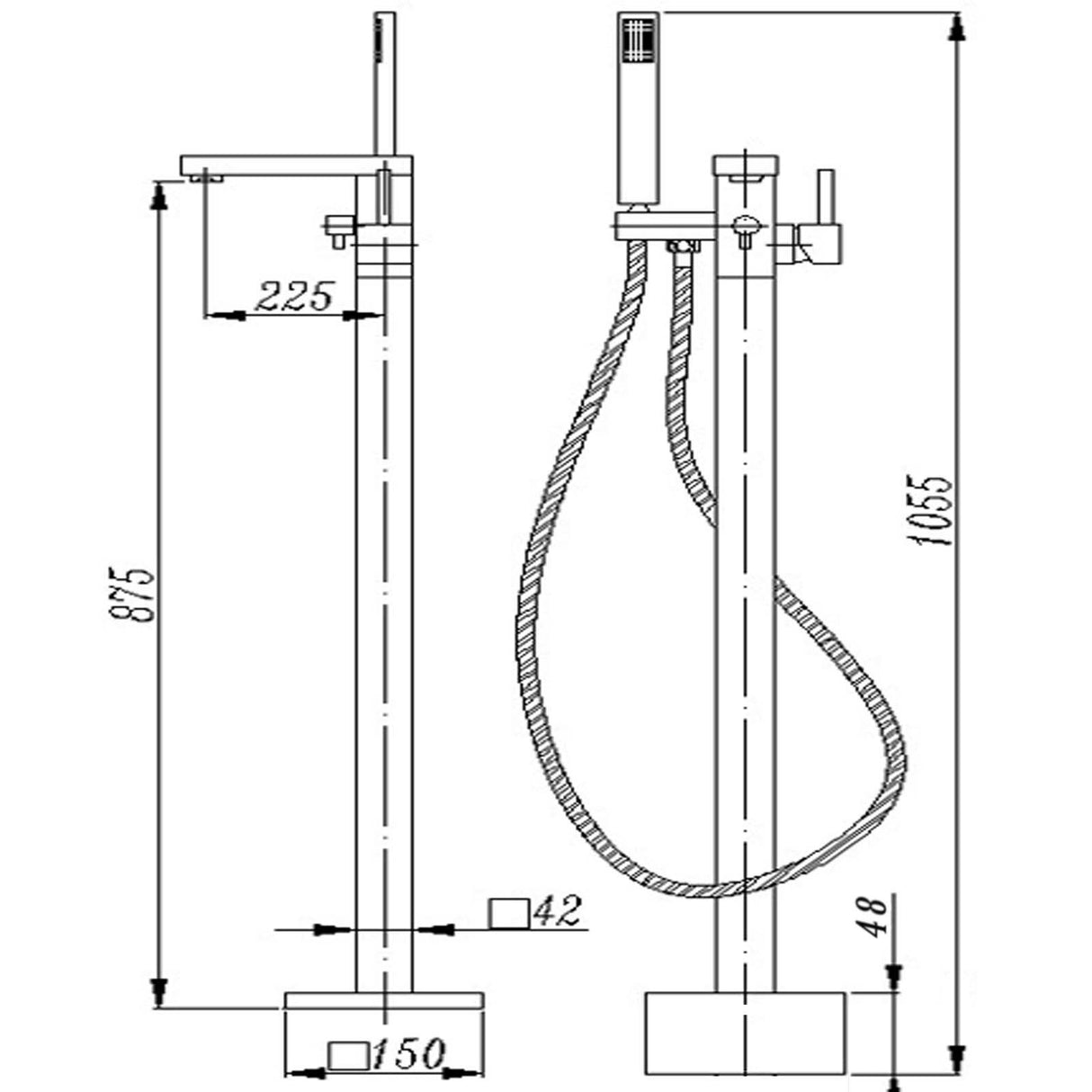 AQU Square Freestanding Bath Mixer With Handheld Shower - Chrome Technical Drawing