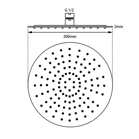 AQU Super Slim Round Rainfall Shower Head 200mm - Black Technical Drawing