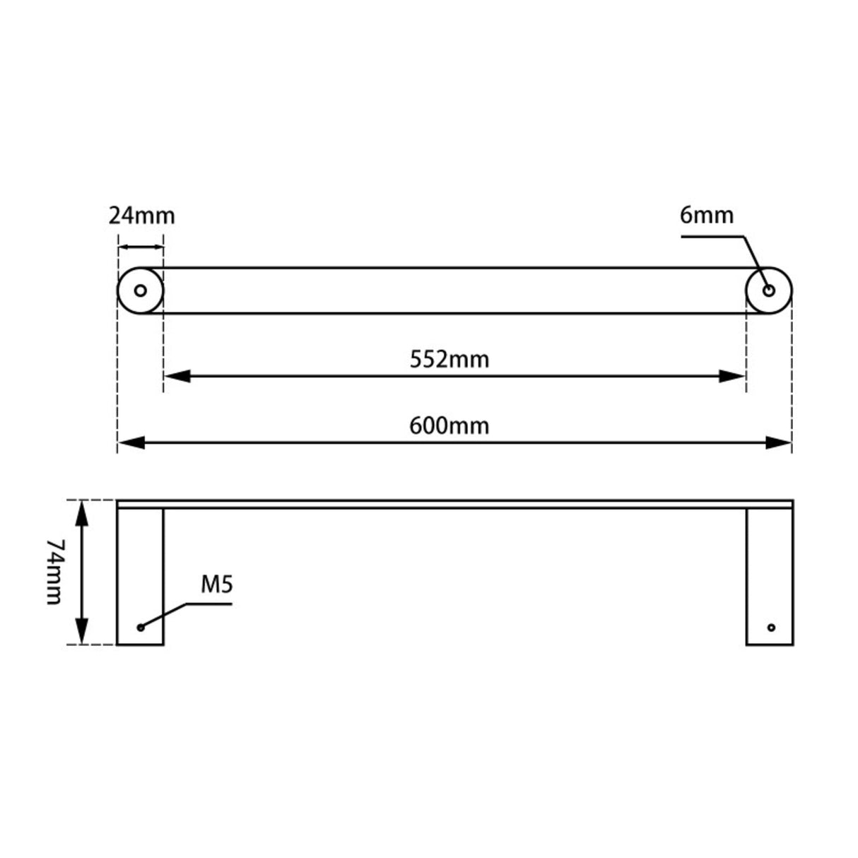 Esperia Single Towel Rail 600mm - Brushed Gold Technical Drawing