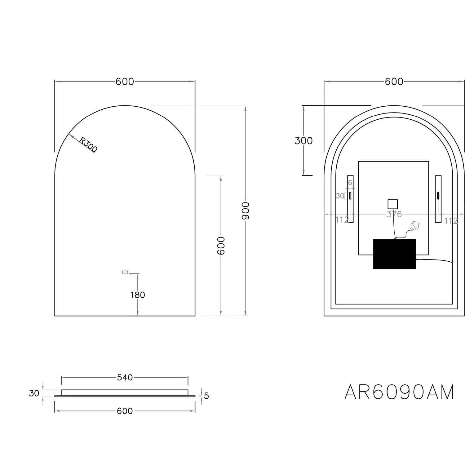 Poseidon LED Backlit Arch Mirror 600x900mm