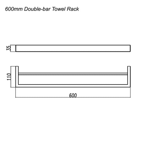 Cavallo AR72 Square Double Towel Rail 600mm - Brushed Gun Metal Technical Drawing