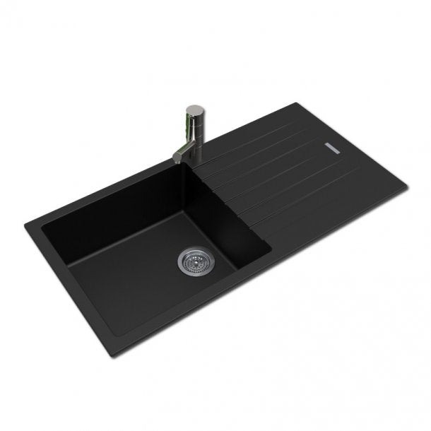 ARETE Black Granite Quartz Stone Kitchen Sink with Drainboard 1000x500mm