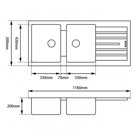 ARETE Black Granite Stone Double Kitchen Sink with Drainboard 1160x500x200mm
