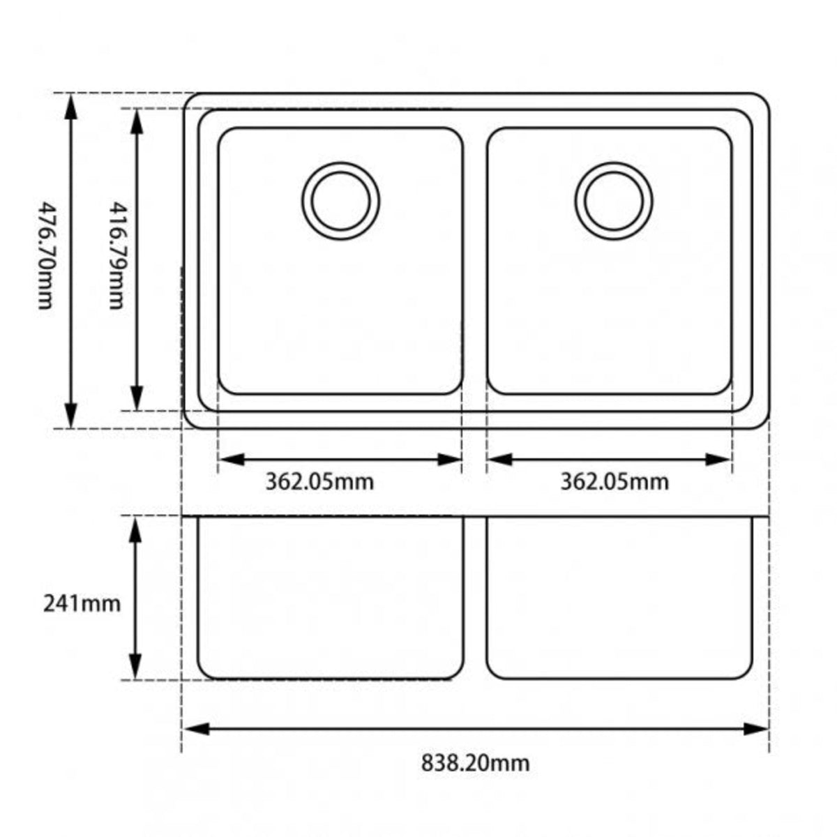 ARETE White Granite Quartz Stone Double Kitchen Sink 838x476mm