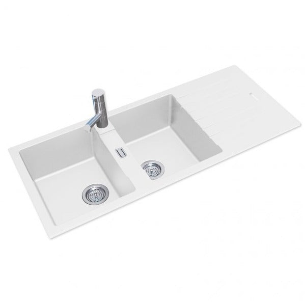 ARETE White Granite Quartz Stone Double Kitchen Sink with Drainboard 1160x500mm