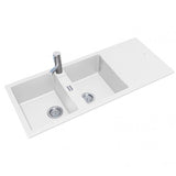 ARETE White Granite Quartz Stone Double Kitchen Sink with Drainboard 1160x500mm