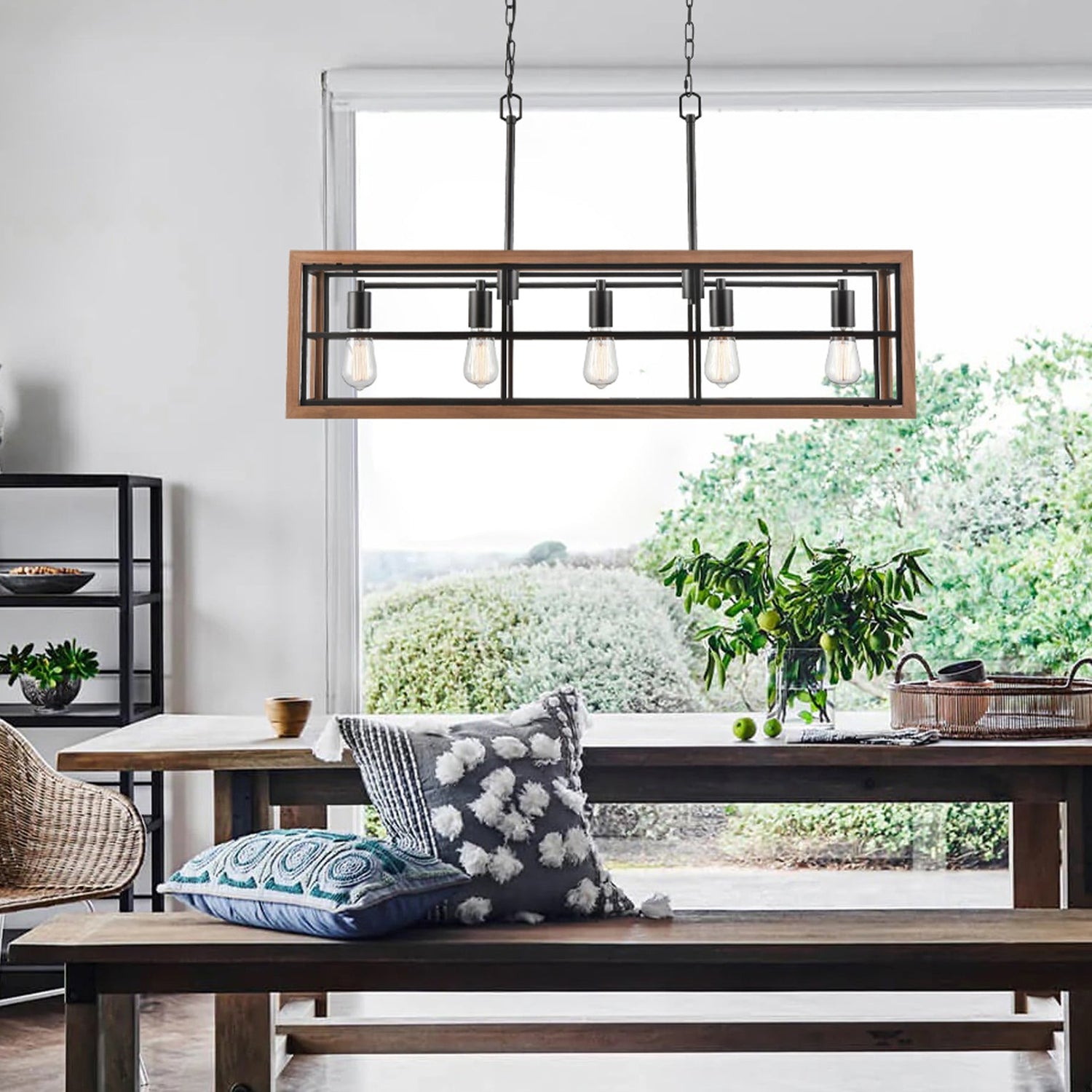 BANQUET: Retro Interior Rectangular Wood Frame Pendant Light