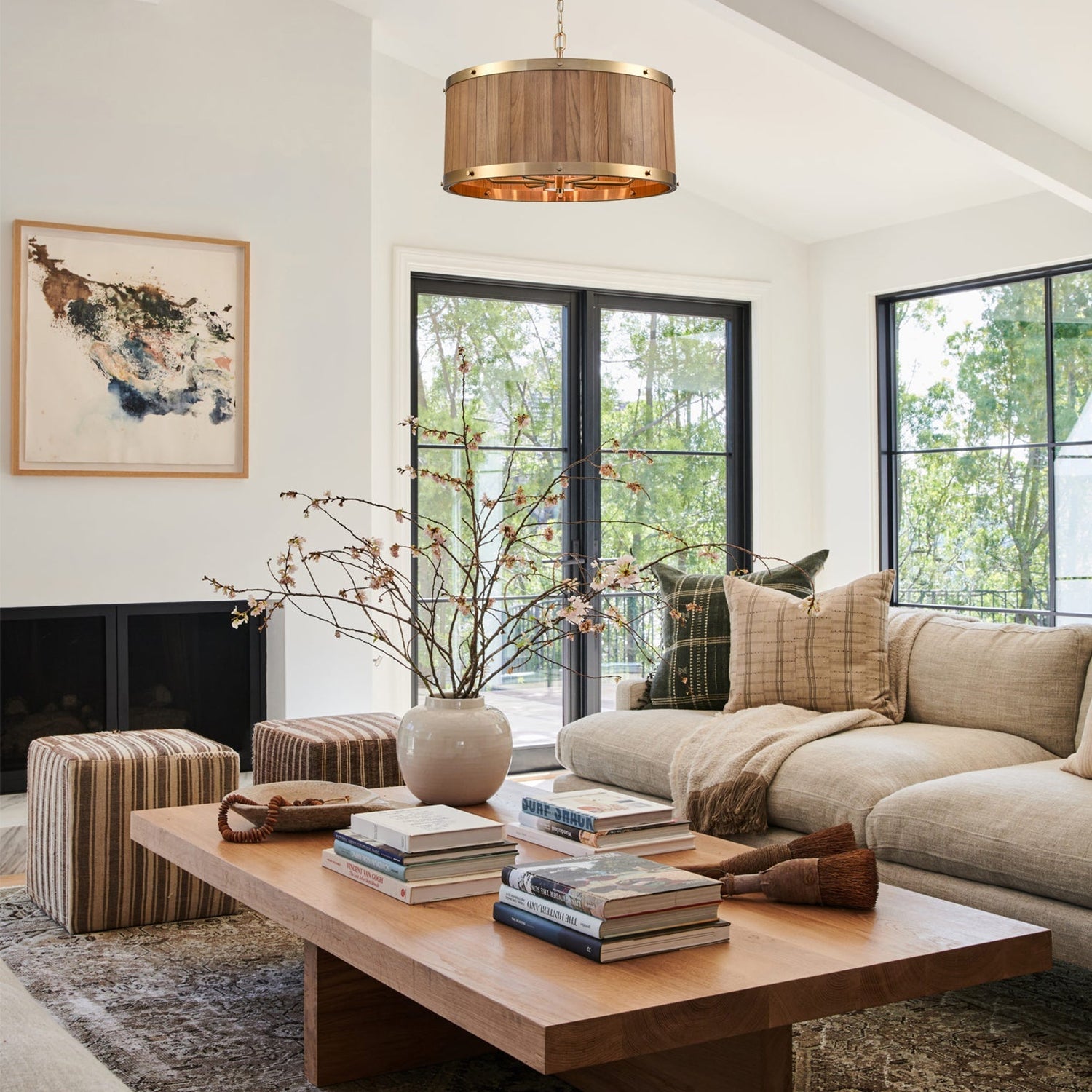 BARRIQUE: Retro Interior Large Drum Wood Pendant Lights