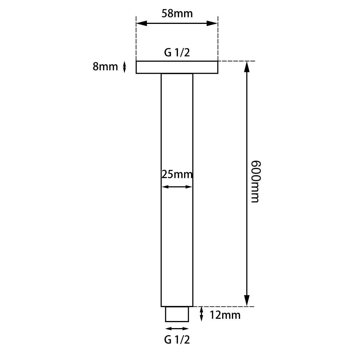 Blaze Square Ceiling Shower Arm 600mm - Brushed Nickel Technical Drawing