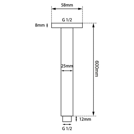 Blaze Square Ceiling Shower Arm 600mm - Brushed Nickel Technical Drawing