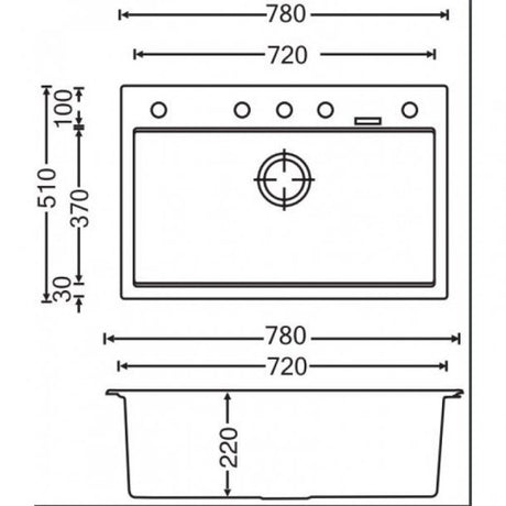 Black Carysil Granite Single Bowl Kitchen Sink - 780x510x220mm