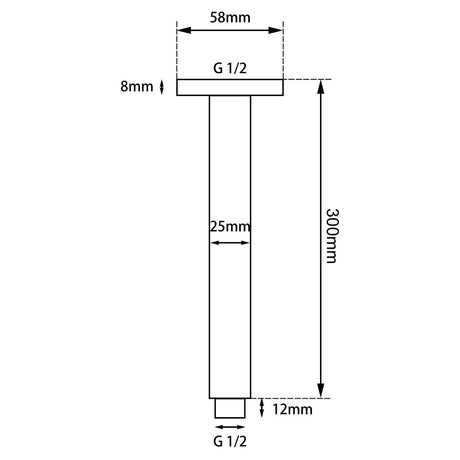 Blaze Square Ceiling Shower Arm 300mm - Brushed Nickel Technical Drawing
