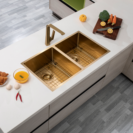 Brushed Brass Stainless Steel PVD Double Bowl Kitche Sink -   770x450x215mm