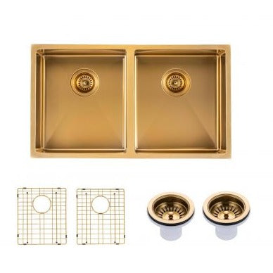 Brushed Brass Stainless Steel PVD Double Bowl Kitche Sink -   770x450x215mm
