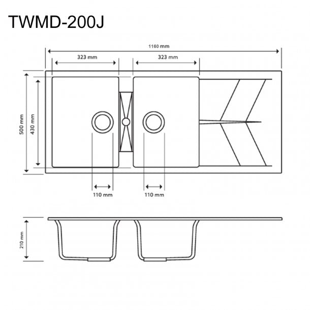 CARYSIL JAZZ Black Granite Double Kitchen Sink with Drainboard 1160x500mm