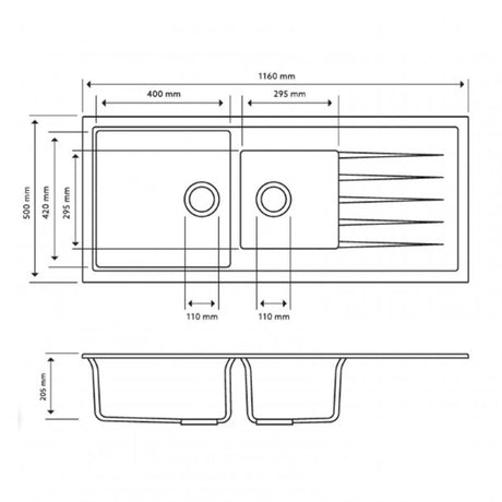 CARYSIL VIVALDI Black Granite Single and 1/2 Kitchen Sink with Drainboard 1160x500mm