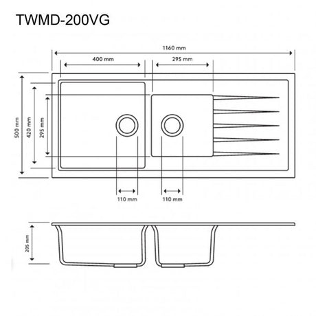 CARYSIL VIVALDI Grey Granite Single and 1/2 Kitchen Sink 1160x500mm
