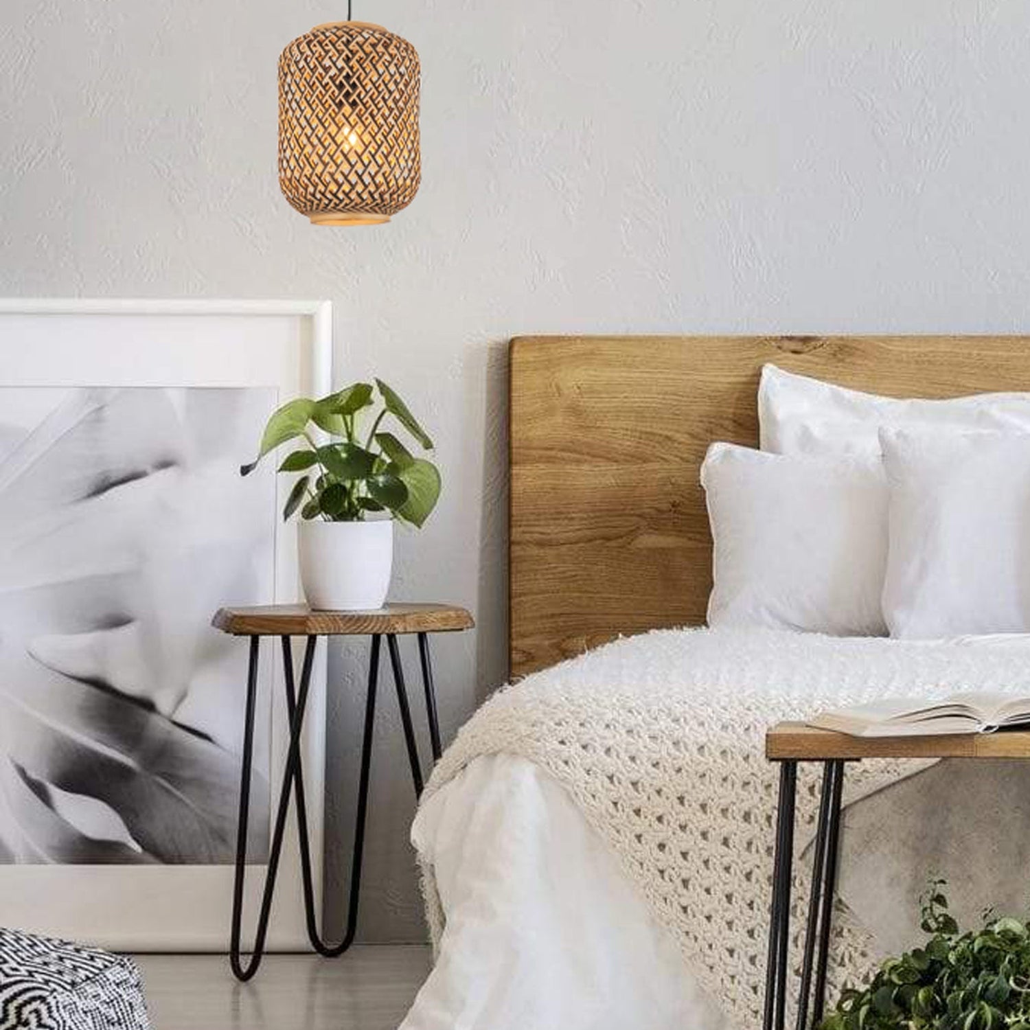 CESTA: Bohemian Interior Cylinder Brown/Natural Bamboo Cage Pendant Light