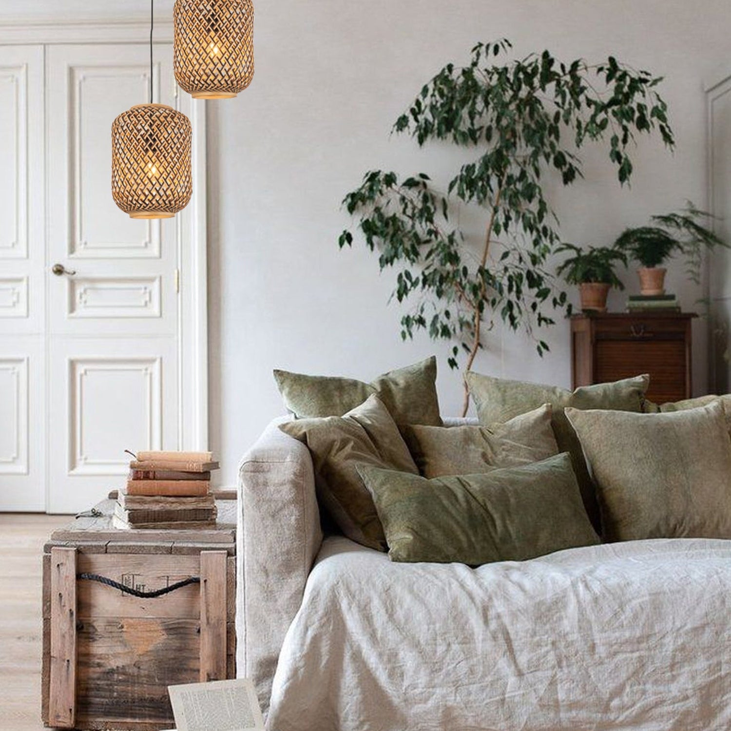CESTA: Bohemian Interior Cylinder Brown/Natural Bamboo Cage Pendant Light