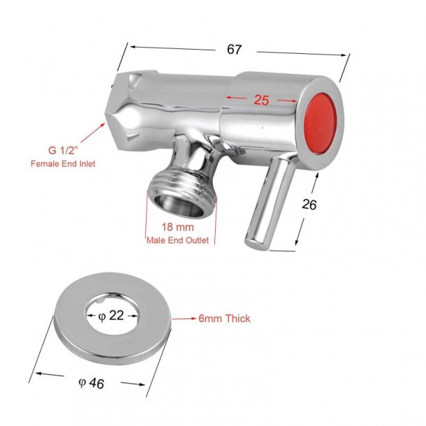 BLAZE Round Chrome 1/4 Turn Washing Machine Stop Tap Specification Drawing