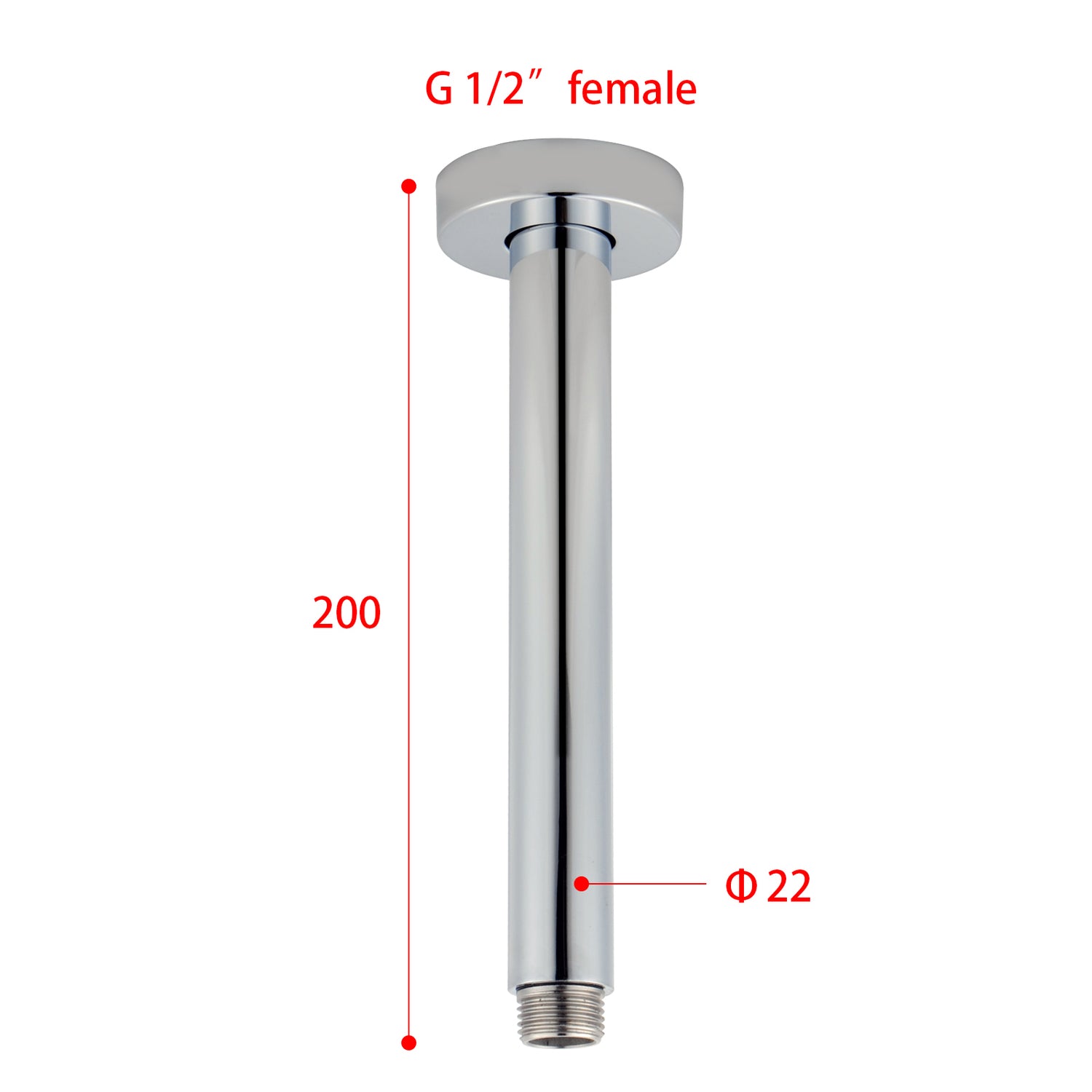 AQU 200mm Ceiling Shower Arm - Chrome Technical Drawing