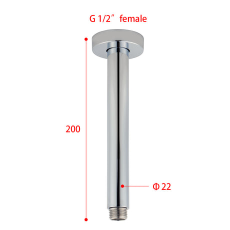 AQU 200mm Ceiling Shower Arm - Chrome Technical Drawing